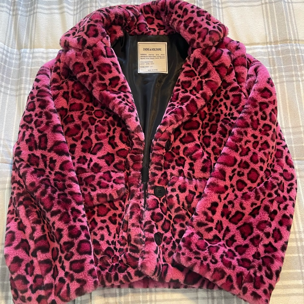 Pink leopard faux fur jacket